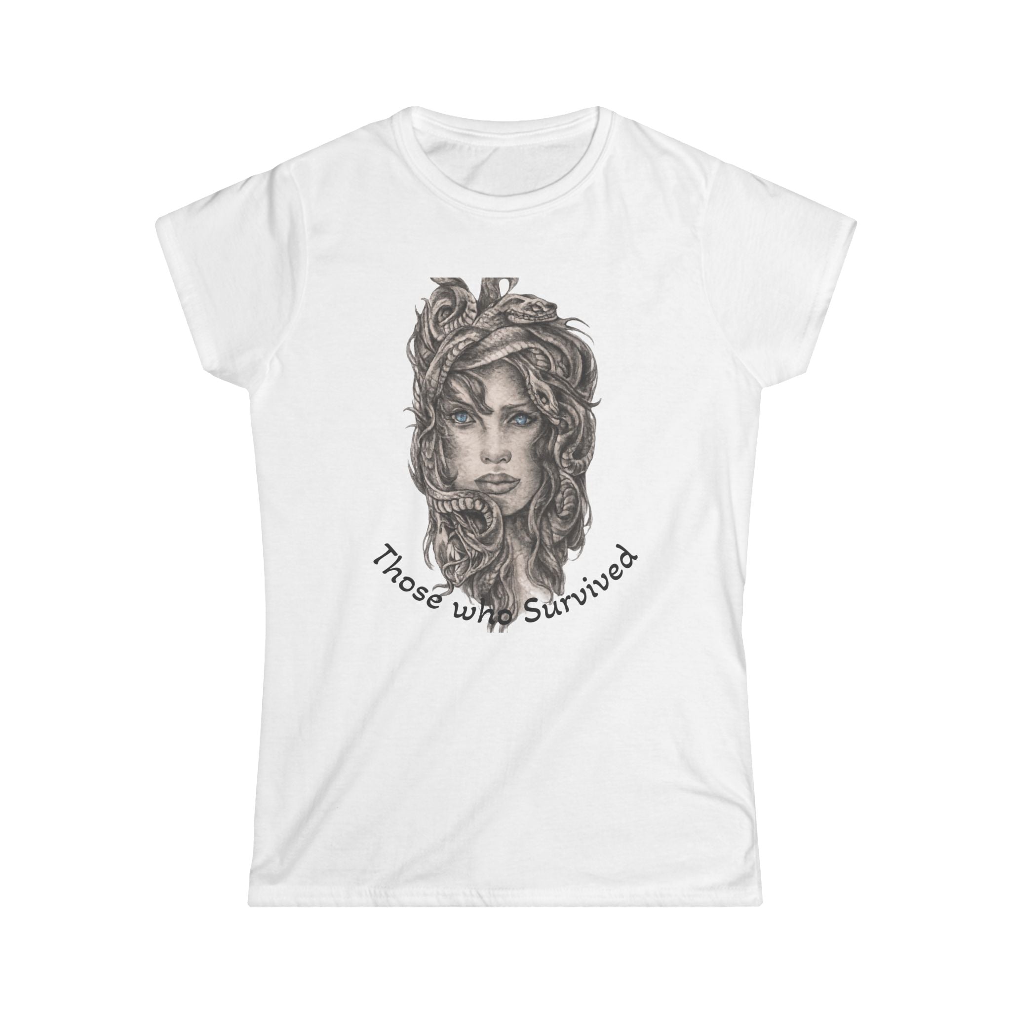 Medusa Portrait Tee — "Those Who Survived" Graphic Women's Shirt