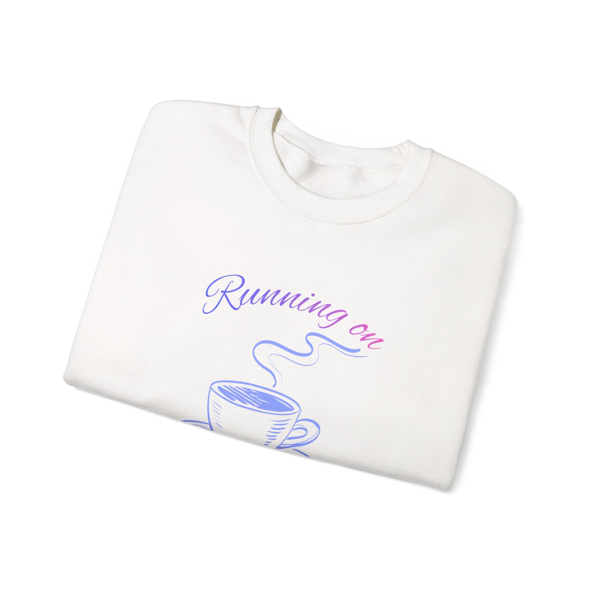 Crewneck Sweatshirt — "Running on Coffee" Pastel Coffee Cup Design