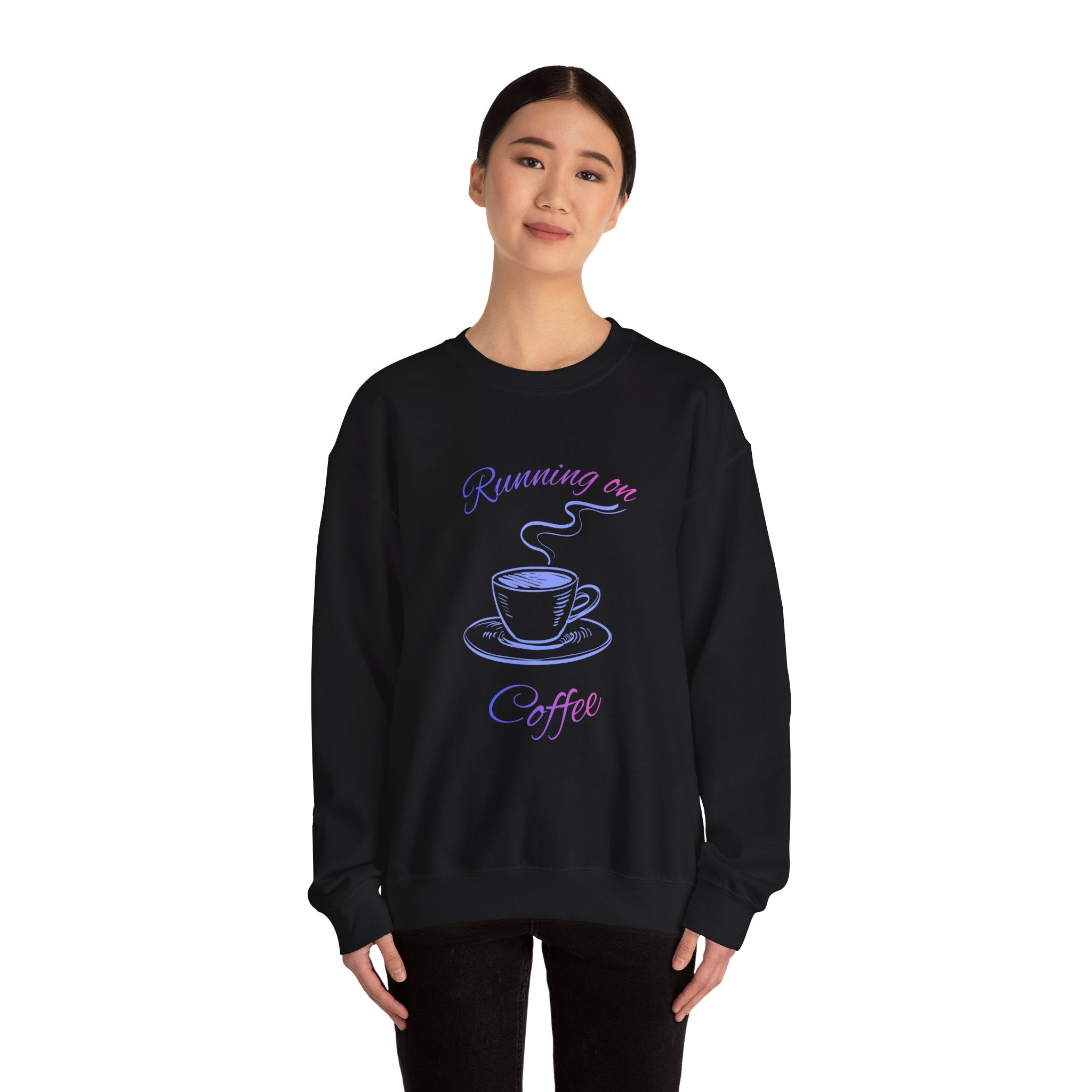 Crewneck Sweatshirt — "Running on Coffee" Pastel Coffee Cup Design