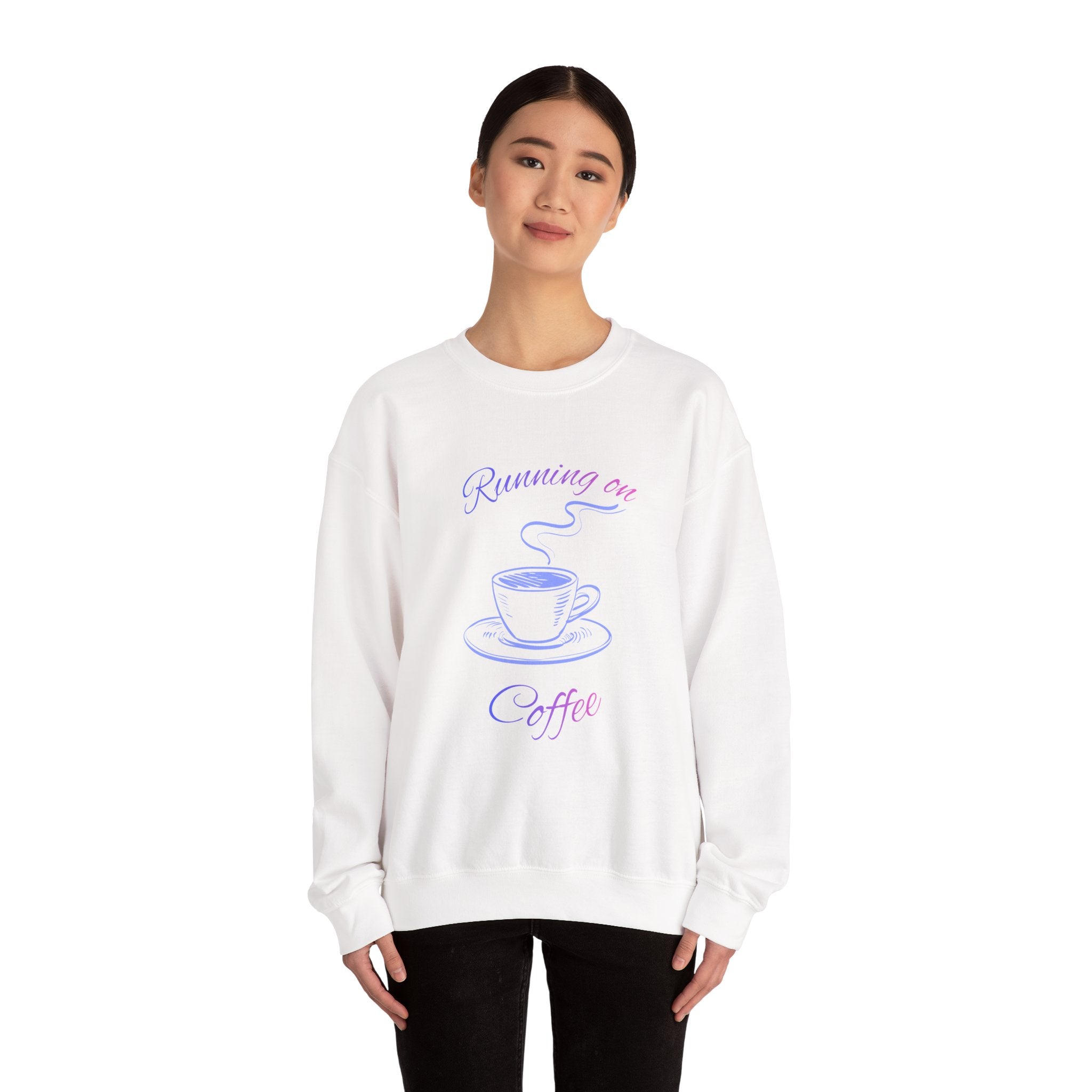 Crewneck Sweatshirt — "Running on Coffee" Pastel Coffee Cup Design
